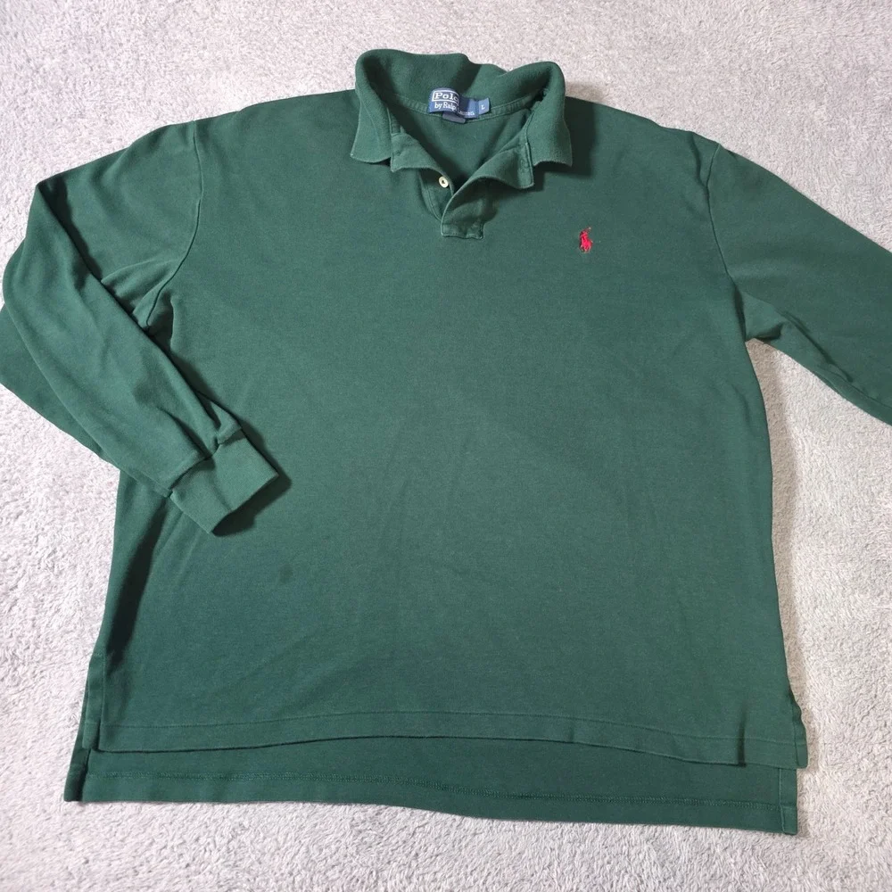 Polo Ralph Lauren Mens L Long Sleeve Polo Shirt Green Red Pony Logo Cotton Pique
